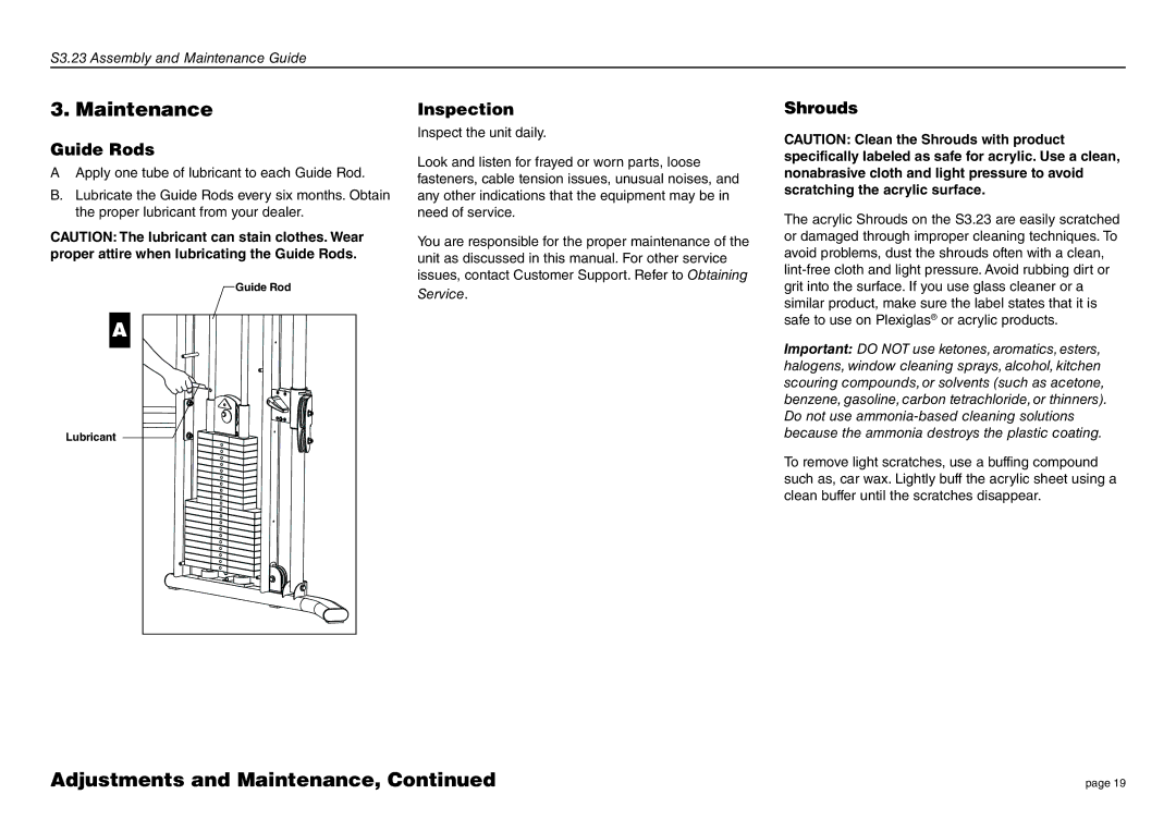 Precor S3.23 manual Maintenance, Guide Rods 