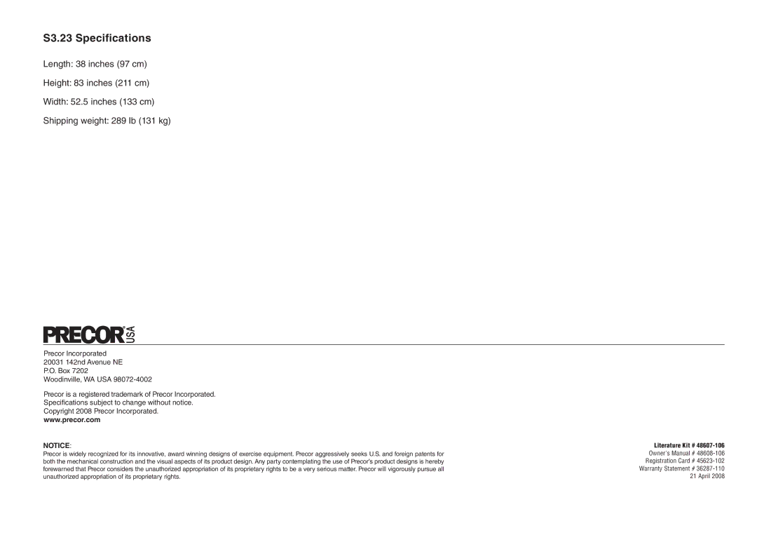 Precor manual S3.23 Specifications 