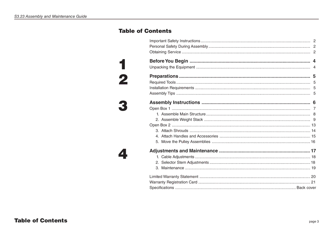 Precor S3.23 manual Table of Contents 