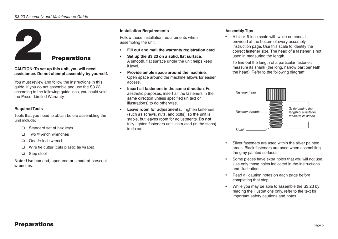 Precor S3.23 manual Preparations, Required Tools, Installation Requirements 