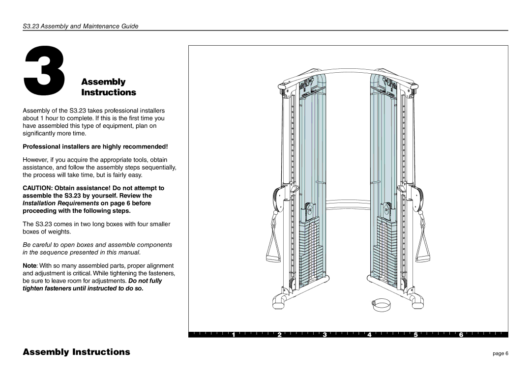 Precor S3.23 manual AssemblyInstructions, Assembly Instructions, Professional installers are highly recommended 