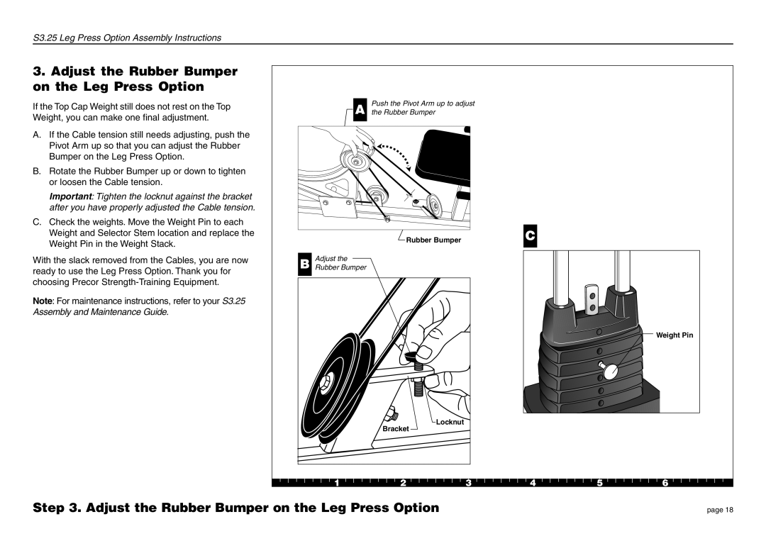 Precor S3.25 manual Adjust the Rubber Bumper on the Leg Press Option 