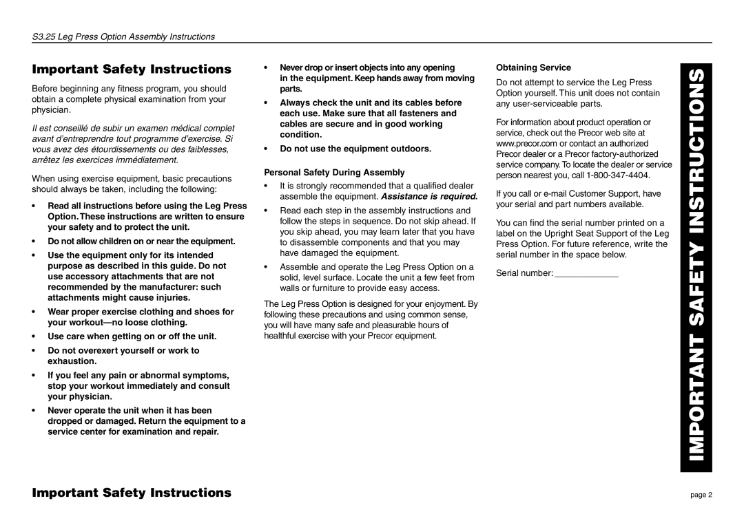 Precor S3.25 manual Important Safety Instructions, Obtaining Service 