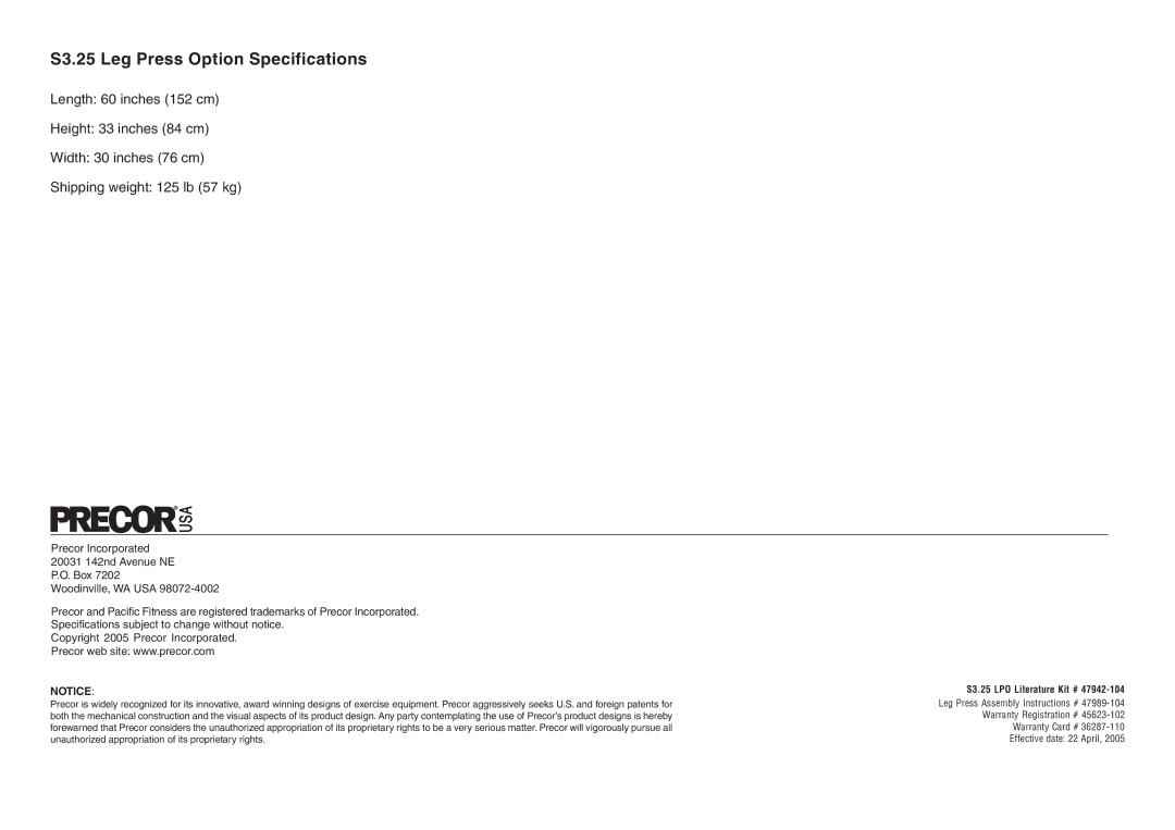 Precor manual S3.25 Leg Press Option Specifications 