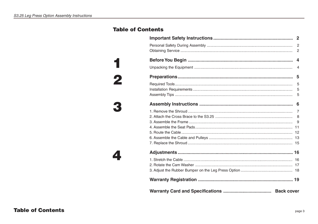 Precor S3.25 manual Table of Contents 