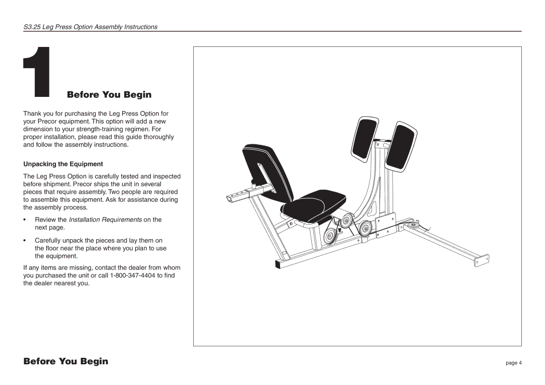 Precor S3.25 manual 1Before You Begin, Unpacking the Equipment 