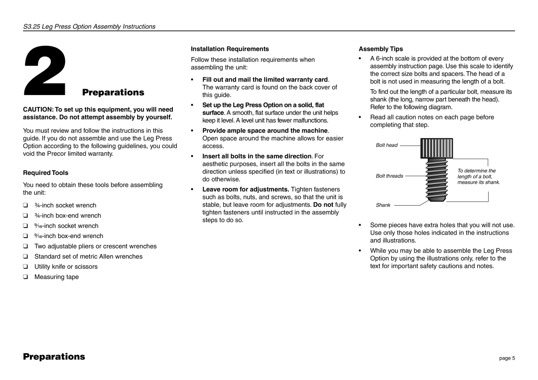 Precor S3.25 manual Preparations, Required Tools, Installation Requirements 