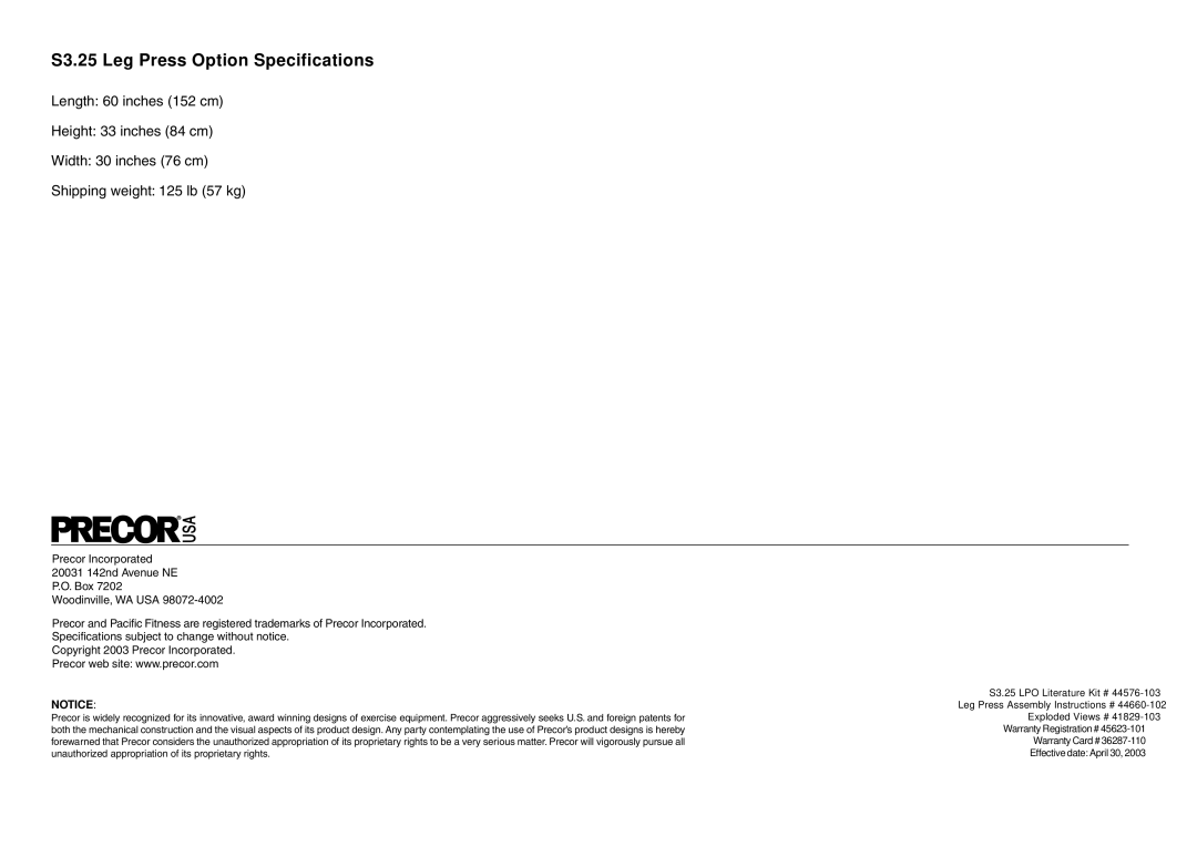 Precor manual S3.25 Leg Press Option Specifications 