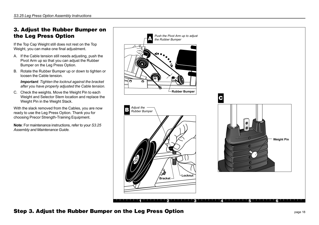 Precor S3.25 manual Adjust the Rubber Bumper on the Leg Press Option 