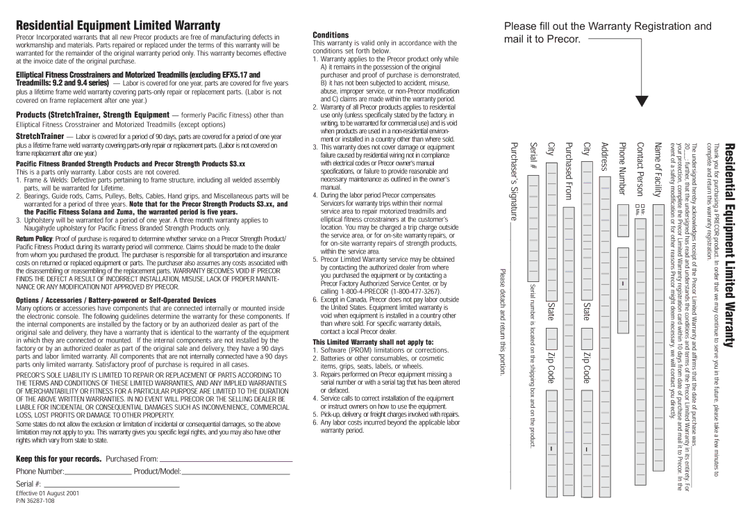 Precor S3.25 manual Residential Equipment Limited Warranty, Conditions 