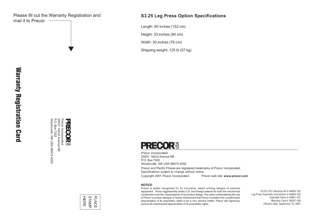 Precor S3.25 manual Warranty Registration Card 