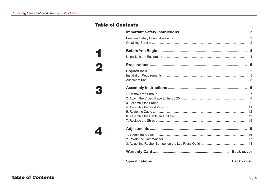 Precor S3.25 manual Table of Contents 