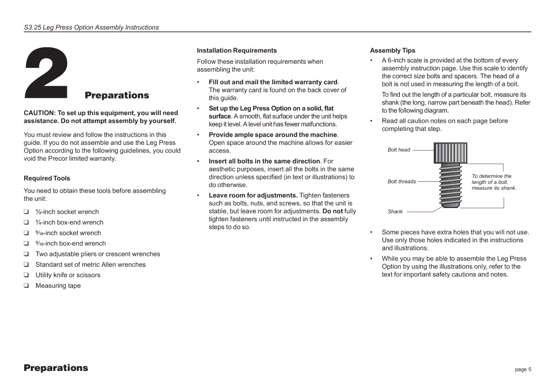 Precor S3.25 manual Preparations 