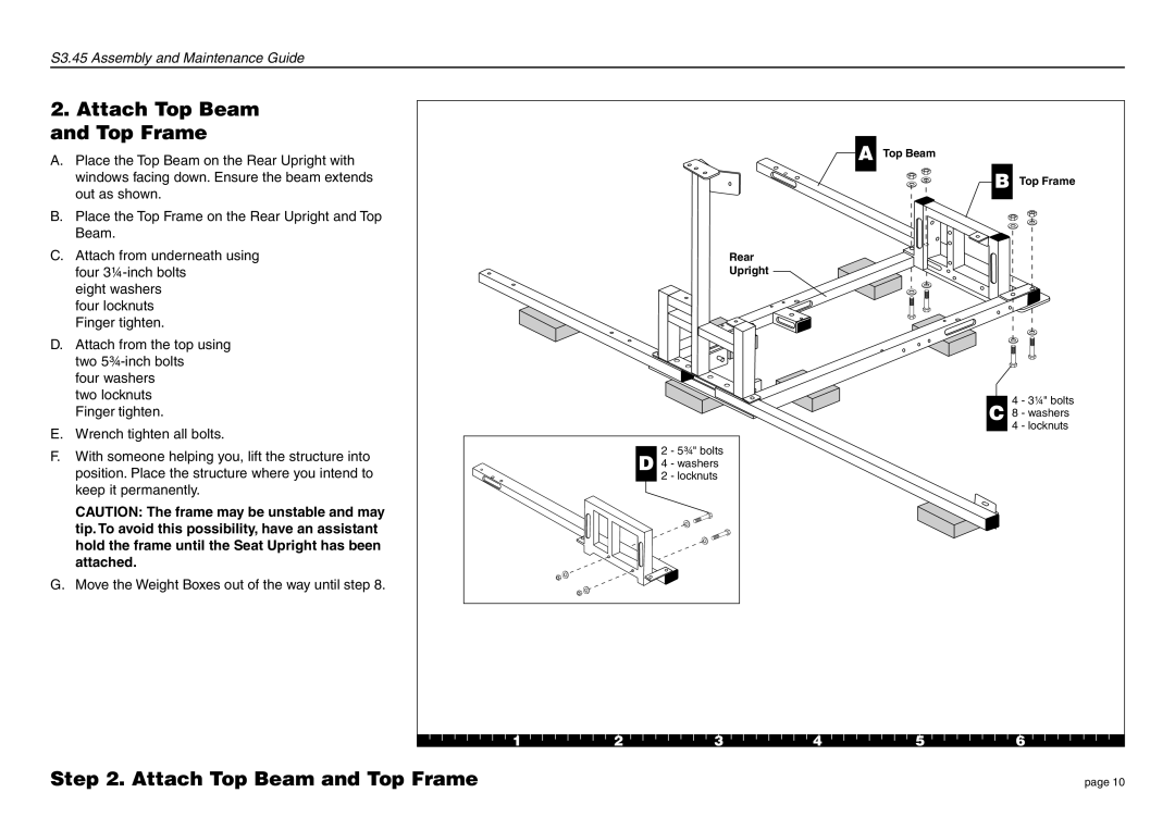 Precor S3.45 manual Attach Top Beam Top Frame, Attach Top Beam and Top Frame 