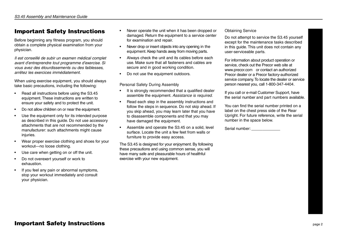 Precor S3.45 manual Important Safety Instructions, Personal Safety During Assembly, Obtaining Service 