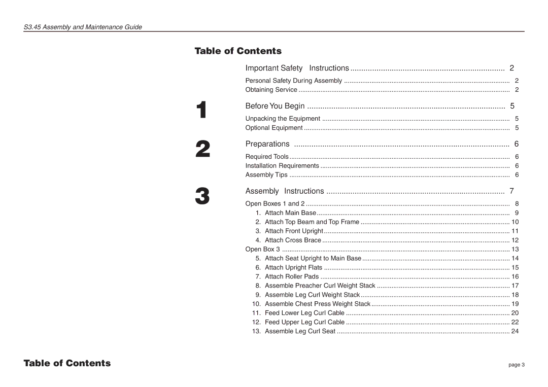 Precor S3.45 manual Table of Contents 