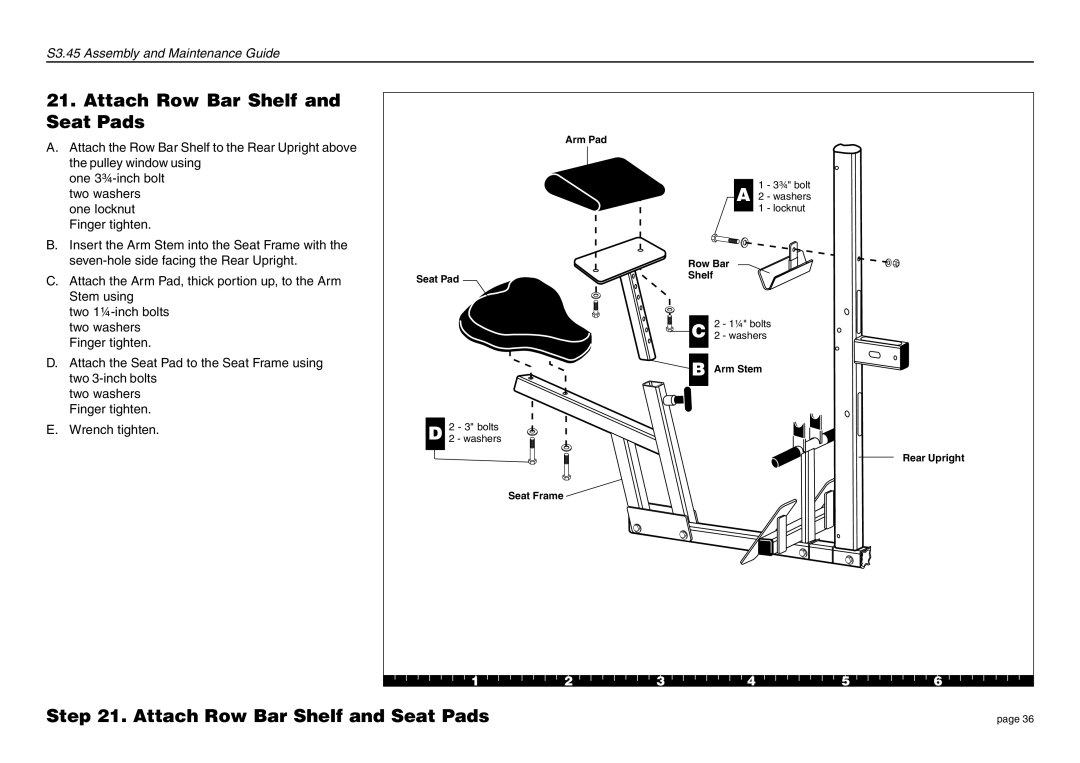 Precor S3.45 manual Attach Row Bar Shelf and Seat Pads 