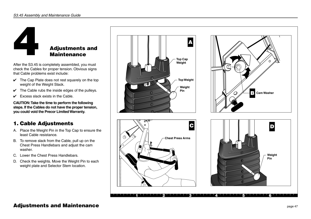 Precor S3.45 manual Cable Adjustments, Adjustments and Maintenance 