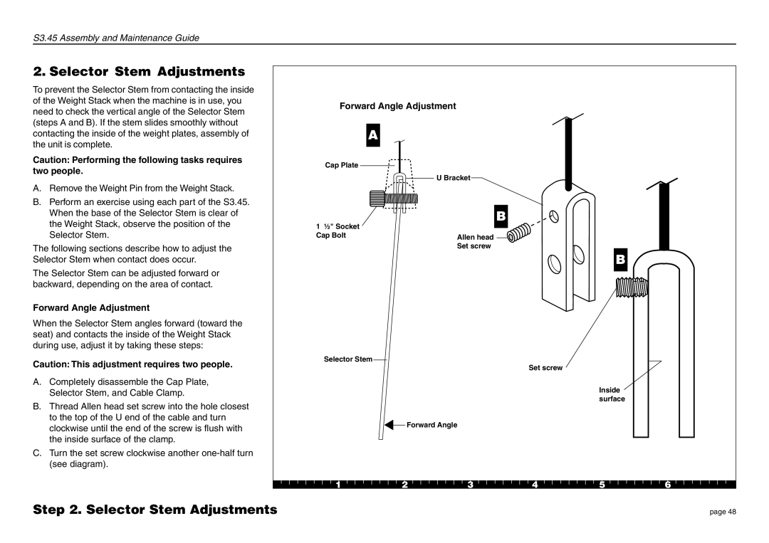 Precor S3.45 manual Selector Stem Adjustments, Forward Angle Adjustment 