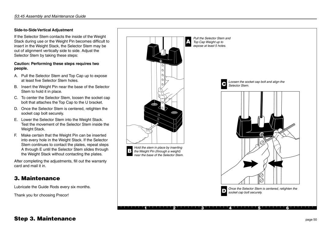 Precor S3.45 manual Maintenance, Side-to-SideVertical Adjustment 