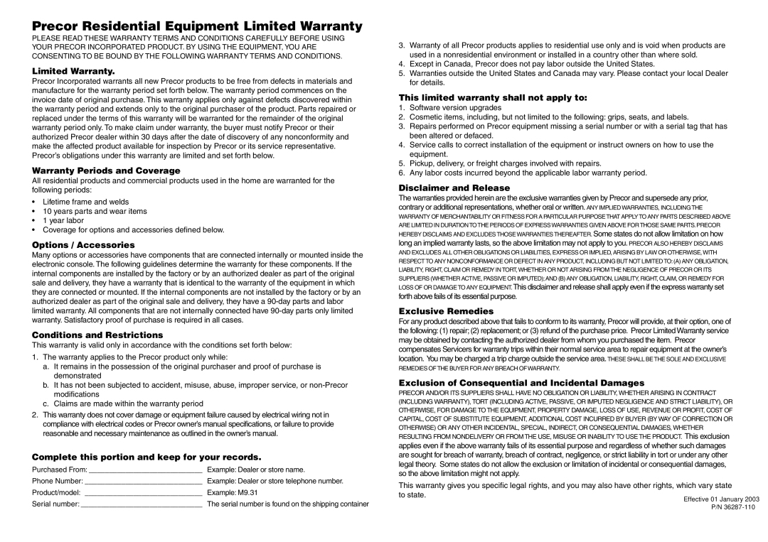 Precor S3.45 manual Precor Residential Equipment Limited Warranty 