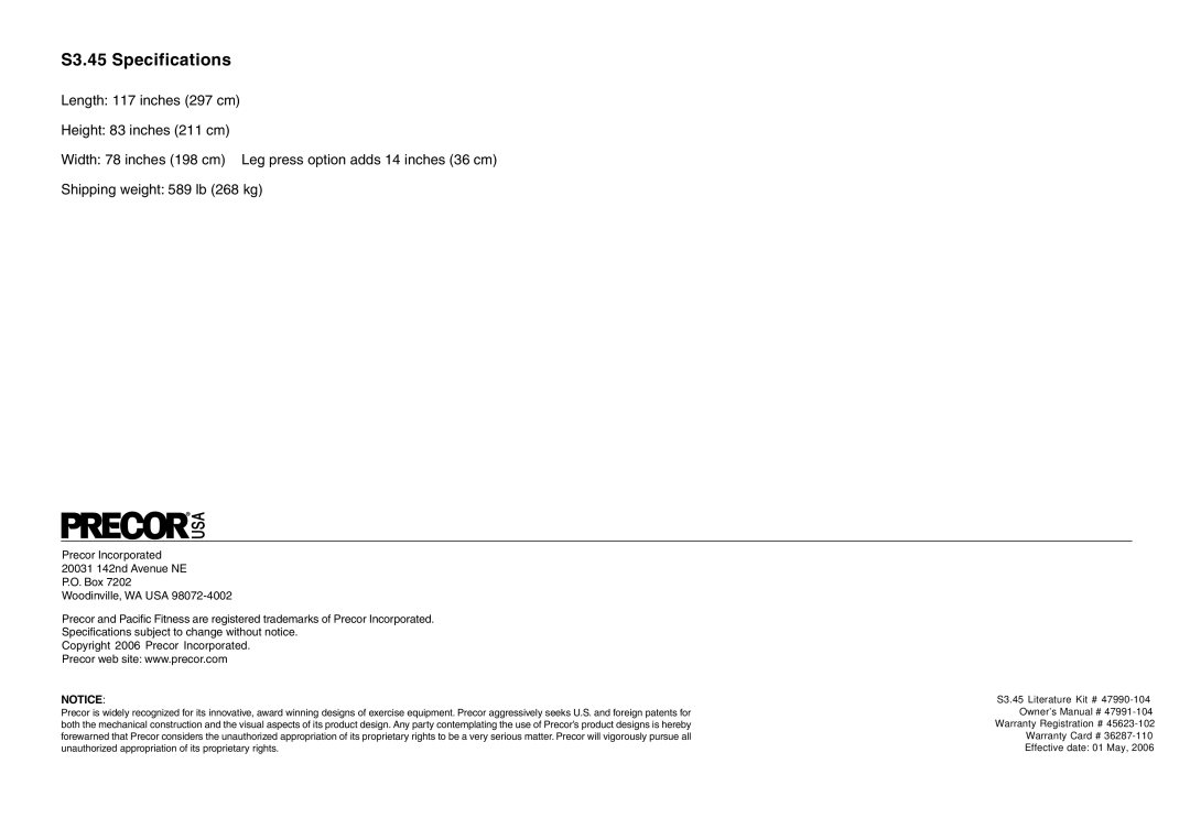 Precor manual S3.45 Specifications 