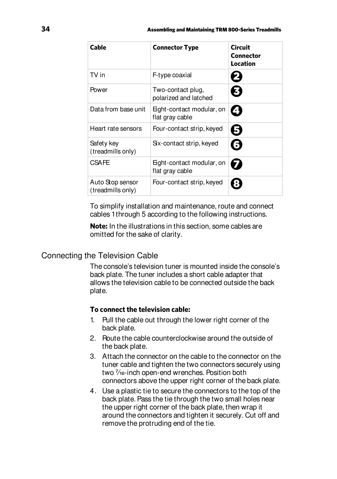 Precor TRM 800 warranty Connecting the Television Cable, To connect the television cable 