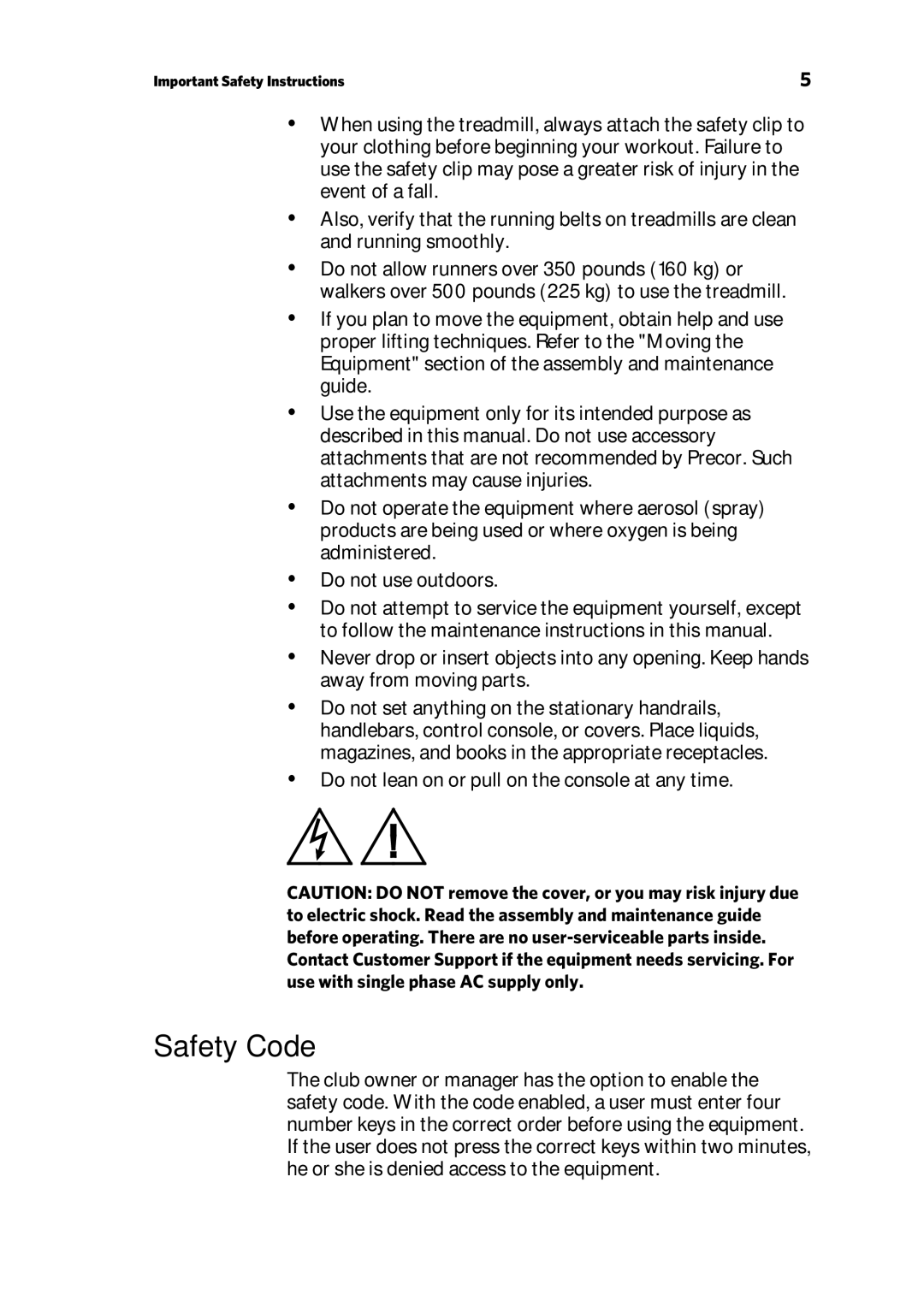 Precor TRM 800 warranty Safety Code 