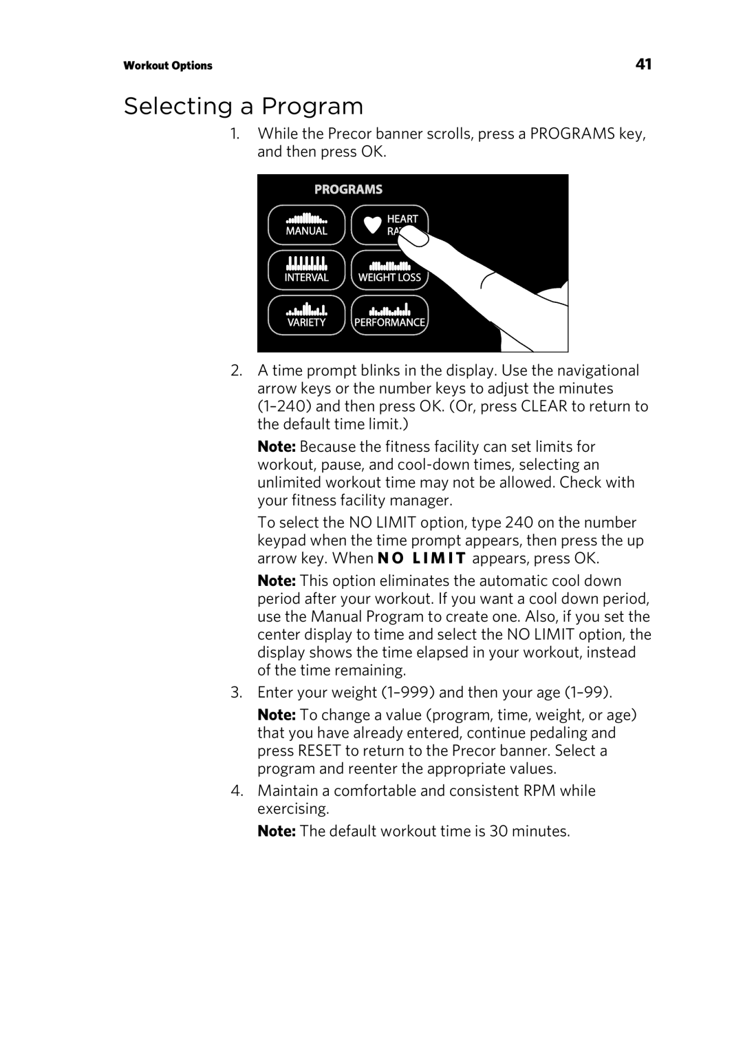 Precor RBK 615, UBK 615 owner manual Selecting a Program 