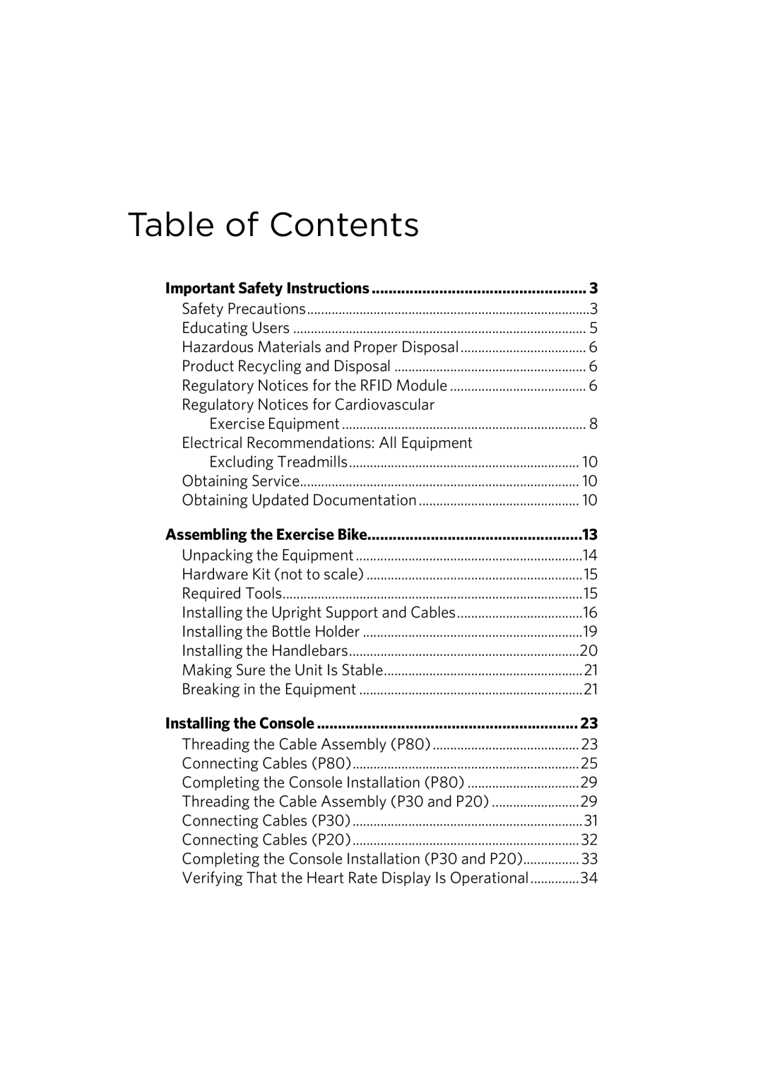 Precor UBK 800-SERIES warranty Table of Contents 