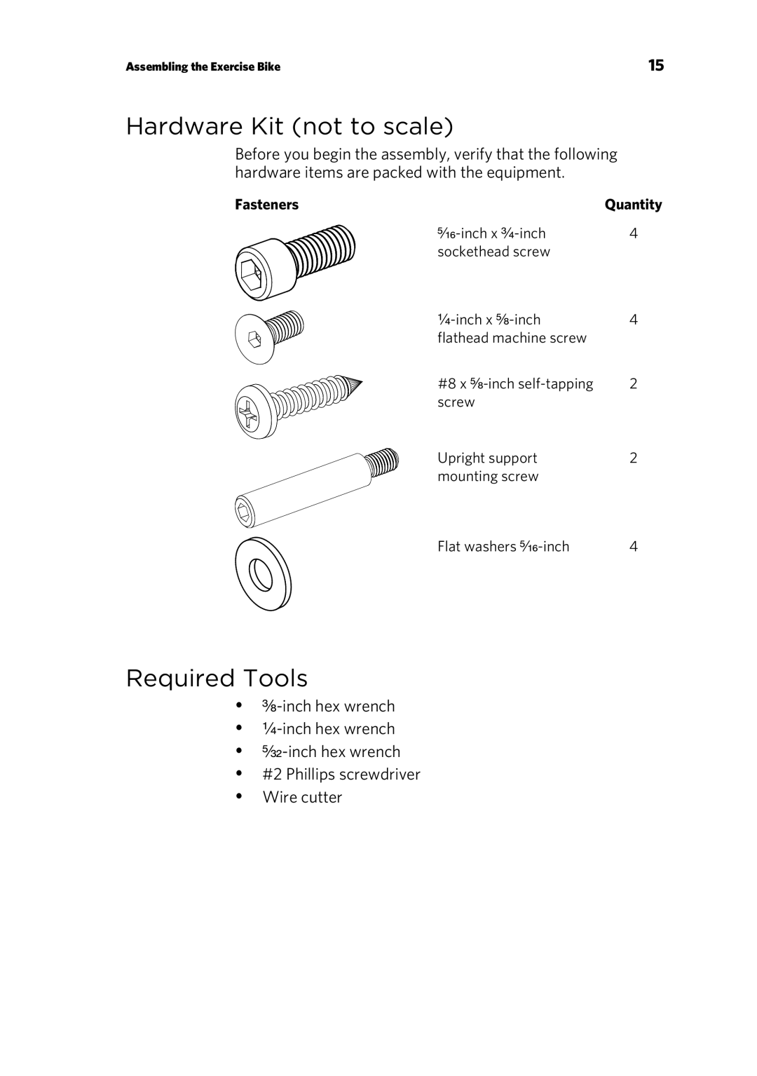 Precor UBK 800-SERIES warranty Hardware Kit not to scale, Required Tools, Fasteners 