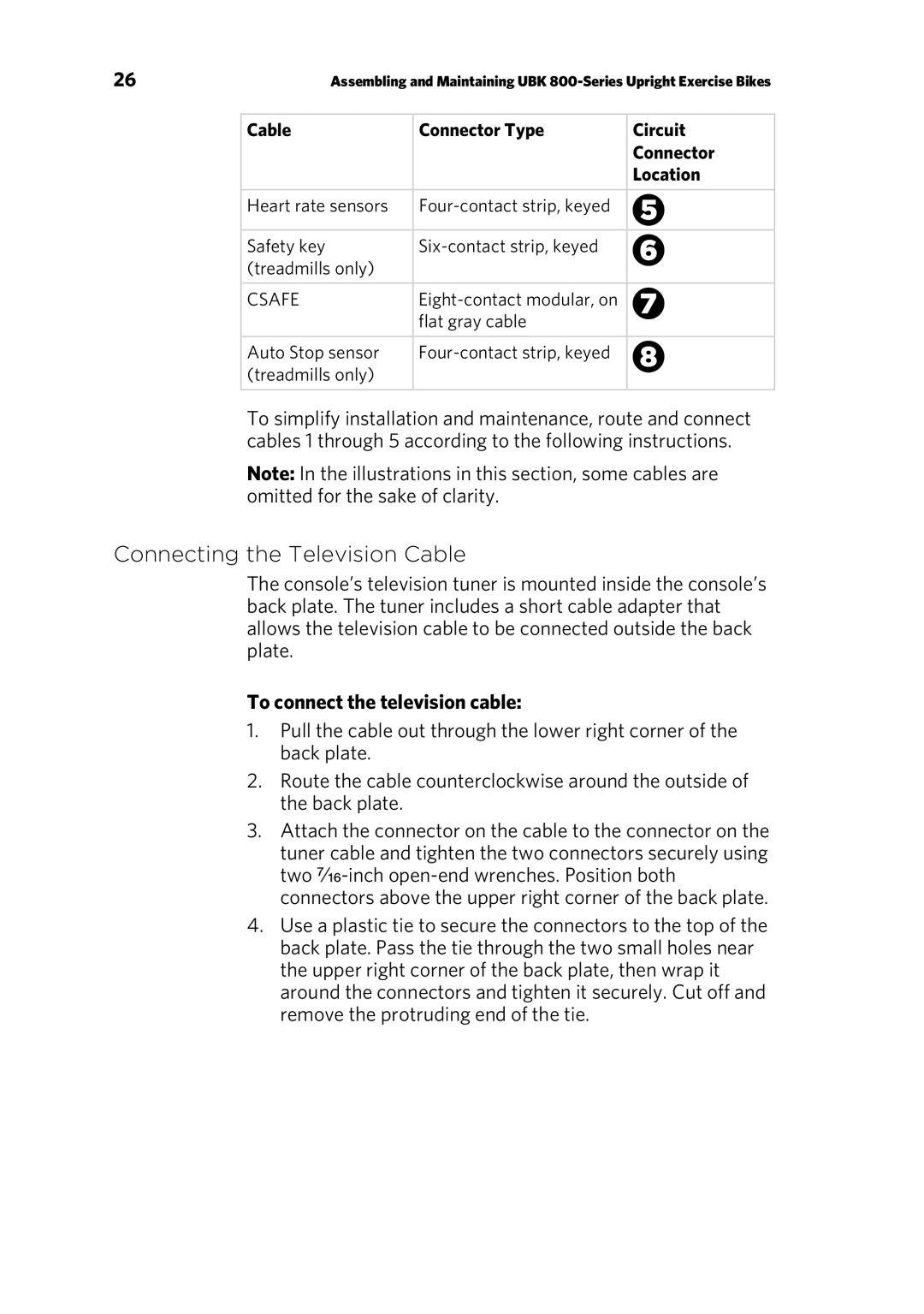 Precor UBK 800-SERIES warranty Connecting the Television Cable, To connect the television cable 