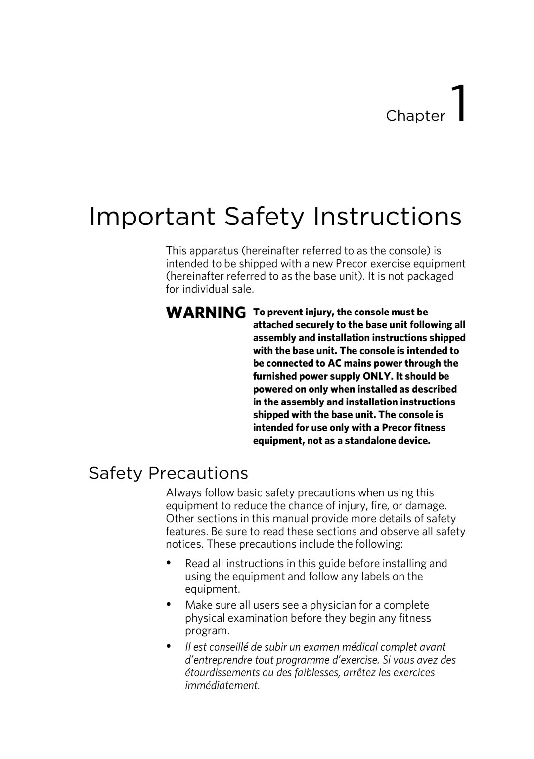 Precor UBK 800-SERIES warranty Important Safety Instructions 