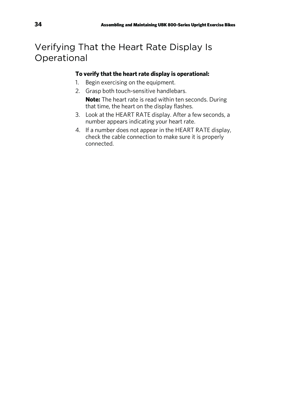 Precor UBK 800 Verifying That the Heart Rate Display Is Operational, To verify that the heart rate display is operational 