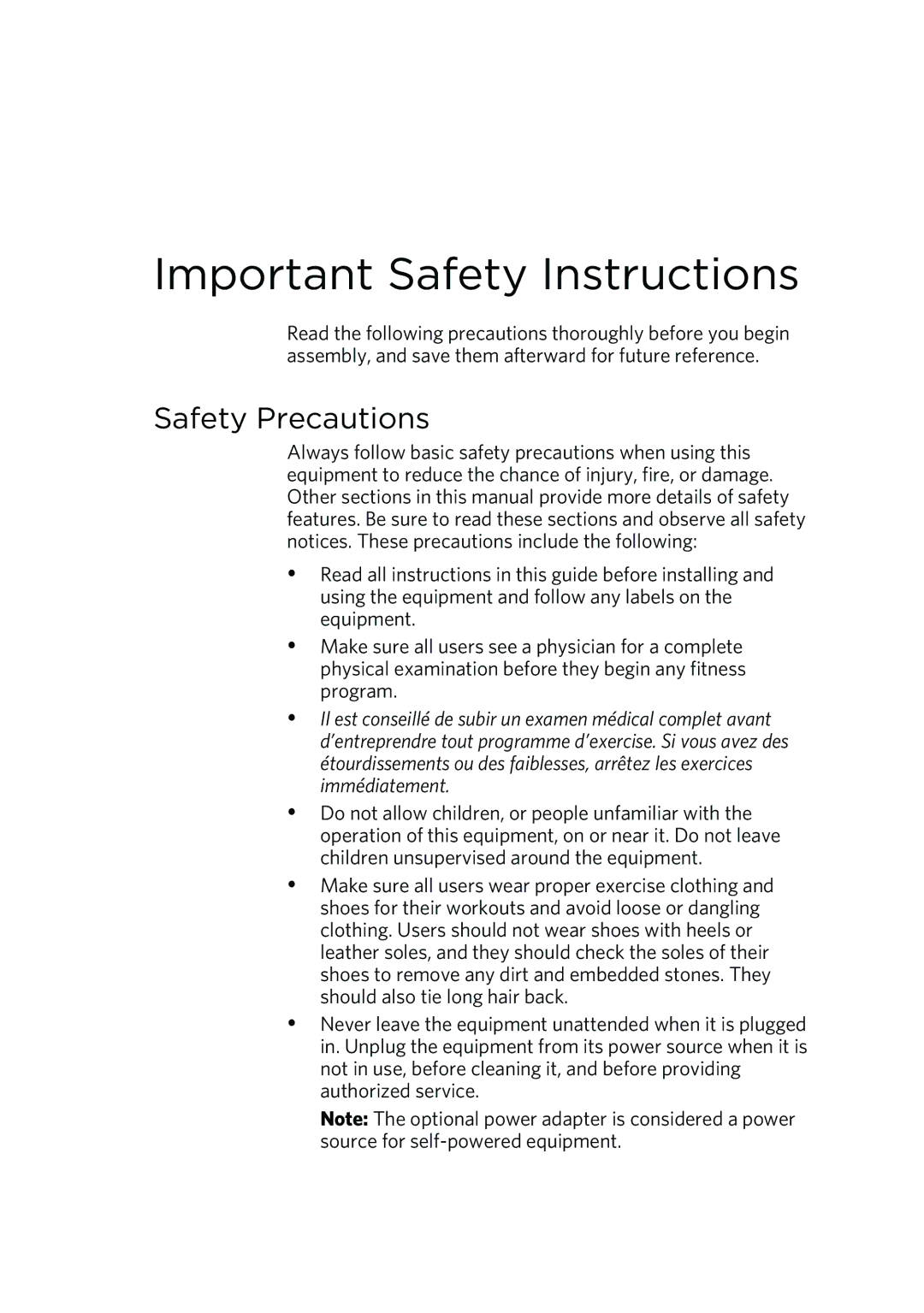 Precor UBK 800 warranty Important Safety Instructions, Safety Precautions 