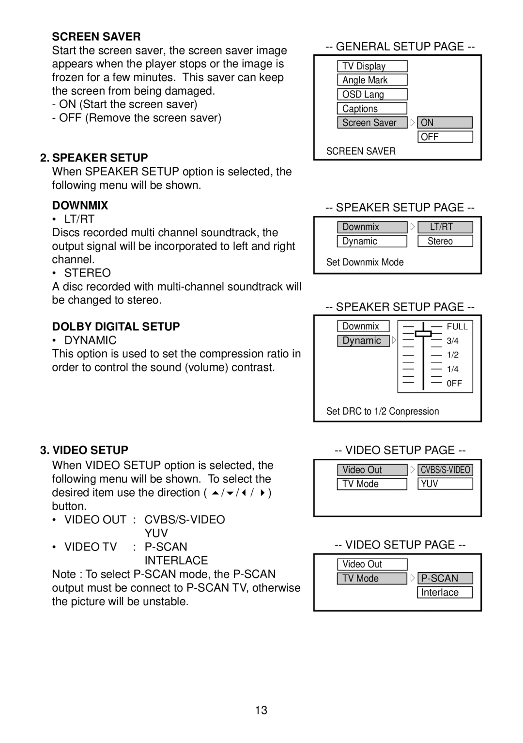 Preference Audio DHM-0100 operation manual Screen Saver, Speaker Setup, Downmix, Dolby Digital Setup, Video Setup 