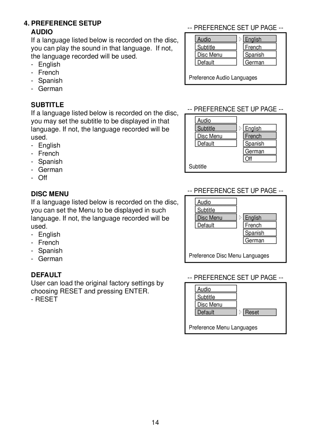 Preference Audio DHM-0100 operation manual Preference Setup Audio, Subtitle, Disc Menu, Default 