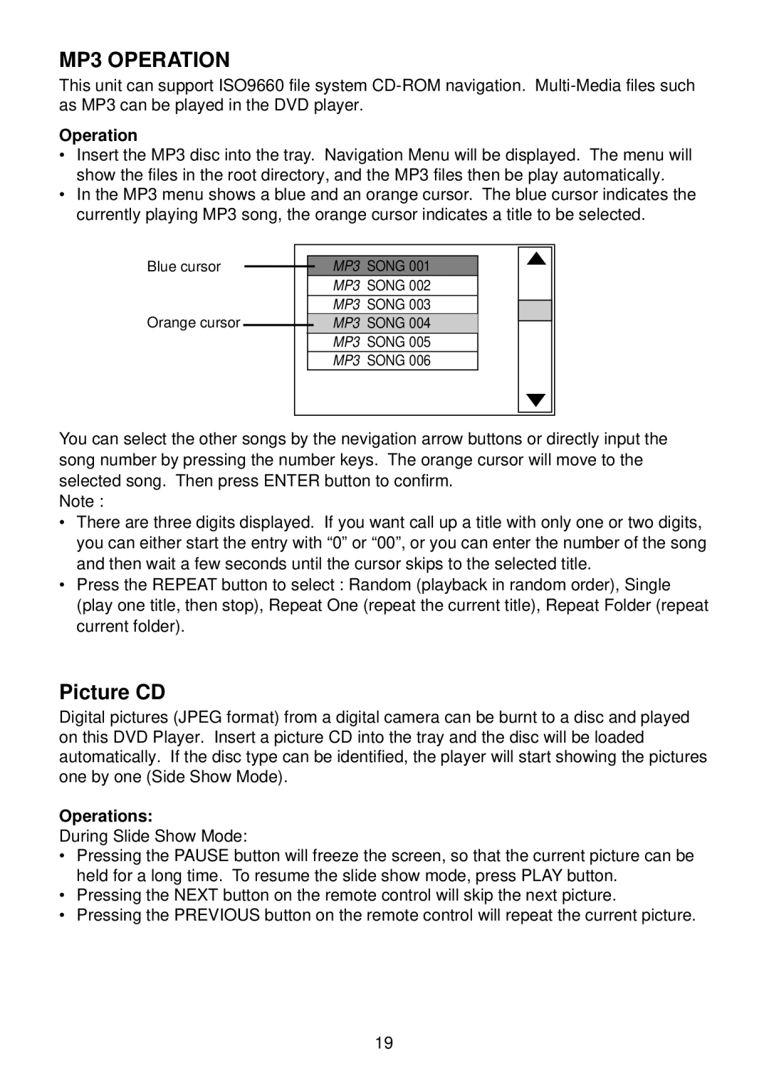 Preference Audio DHM-0100 operation manual Picture CD, Operations 