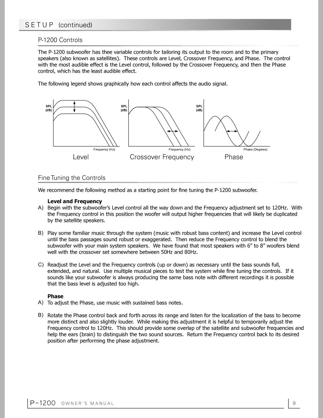 Preference Audio P-1200 owner manual Level and Frequency, Phase 