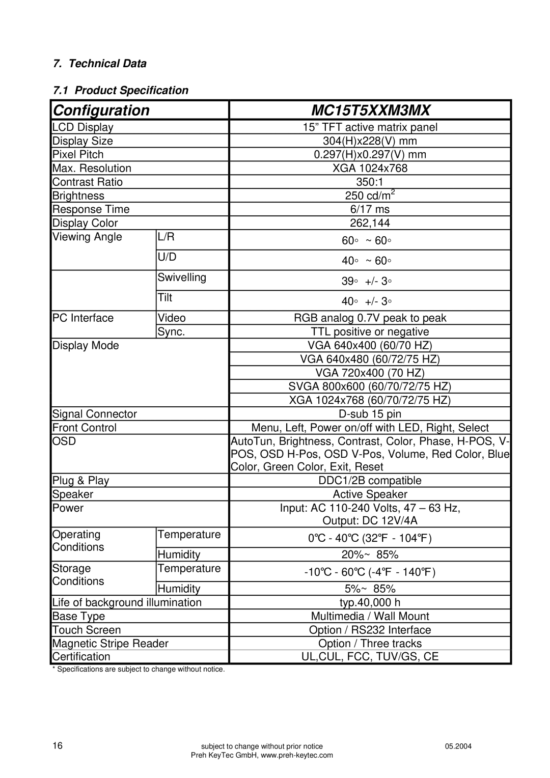 Preh manual MC15T5XXM3MX, Technical Data Product Specification 