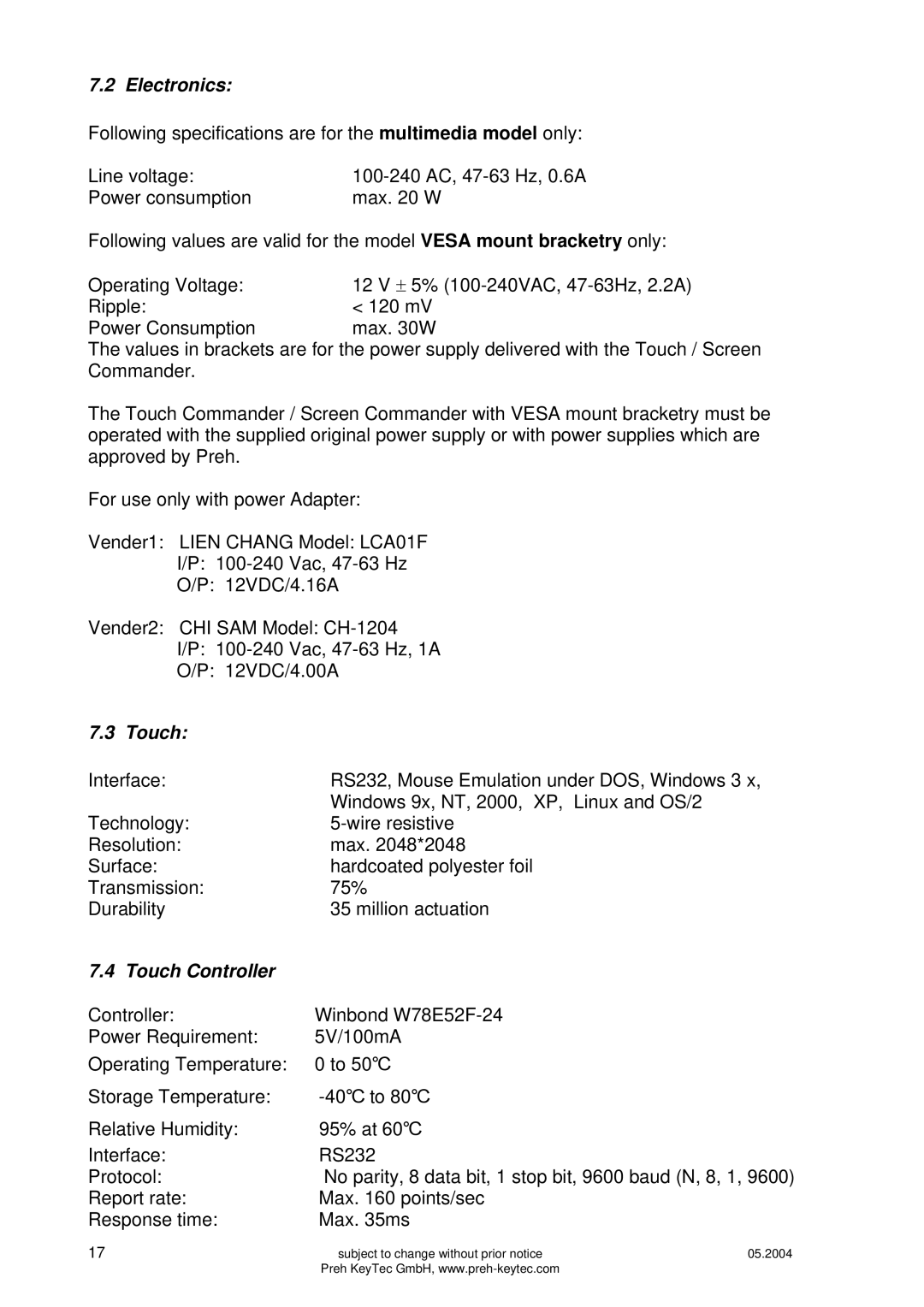 Preh MC15T5 manual Electronics, Touch 