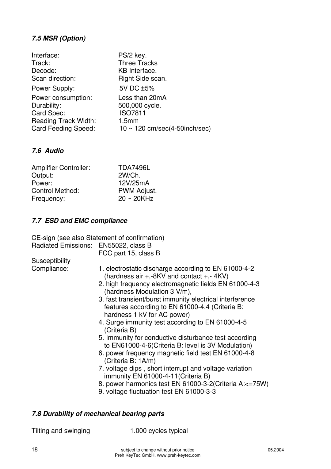 Preh MC15T5 manual Tilting and swinging Cycles typical 