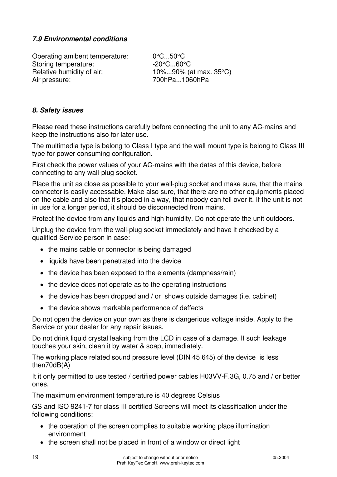 Preh MC15T5 manual Environmental conditions 