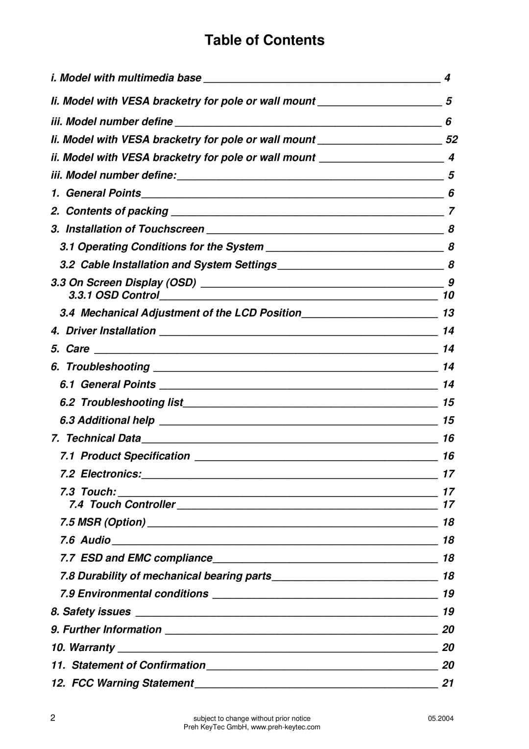 Preh MC15T5 manual Table of Contents 