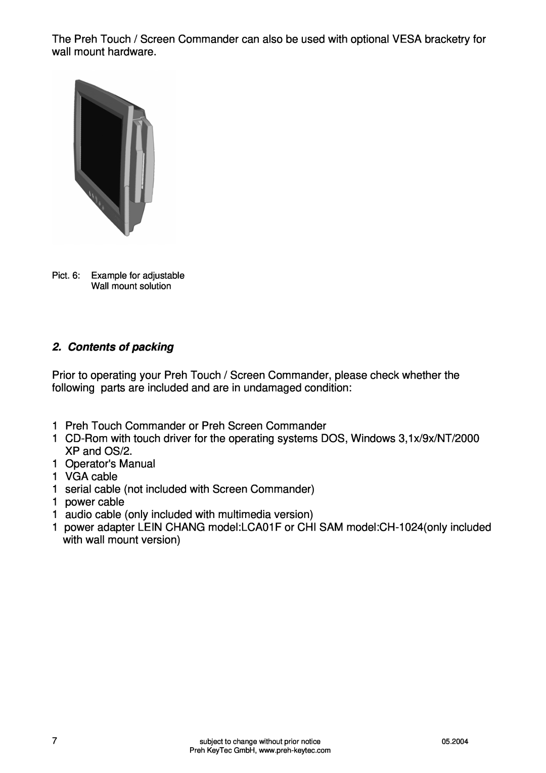 Preh MC15T5 manual Contents of packing 