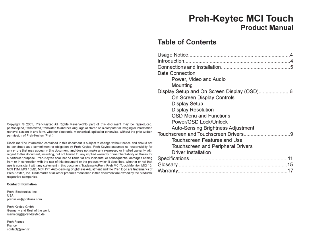 Preh MCI 15T manual Preh-Keytec MCI Touch 