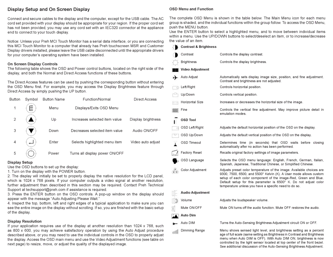 Preh MCI 15 Display Setup and On Screen Display, On Screen Display Controls, Display Resolution, OSD Menu and Function 
