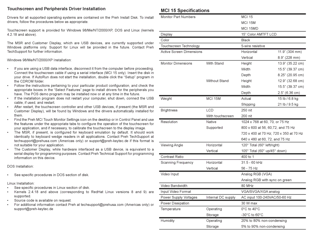 Preh MCI 15T manual MCI 15 Specifications, Touchscreen and Peripherals Driver Installation 