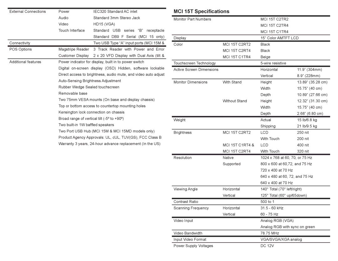 Preh manual MCI 15T Specifications 