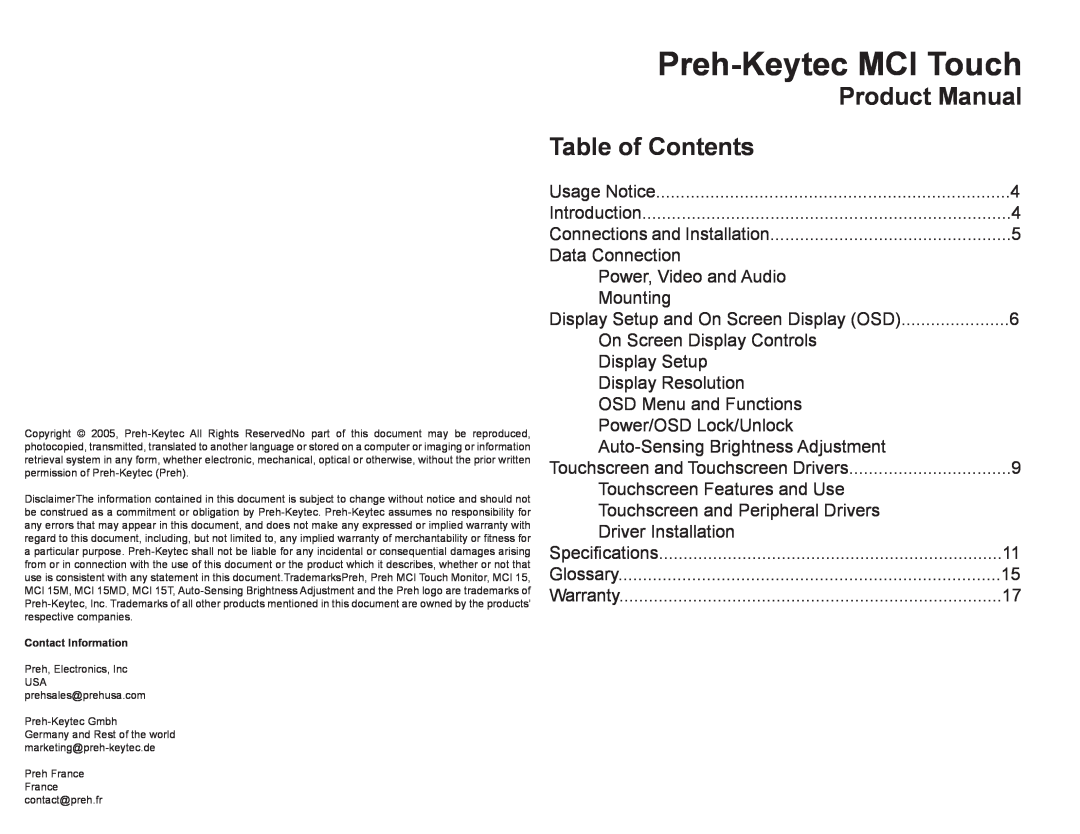 Preh MCI 15T manual Preh-Keytec MCI Touch, Product Manual, Table of Contents 